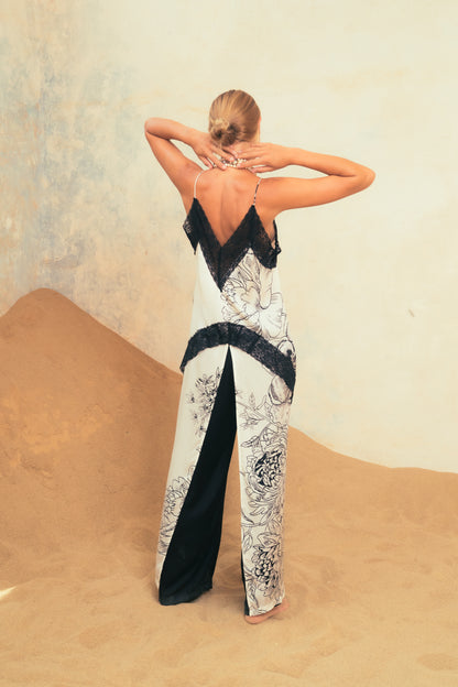 JADE long printed and lace top, with thin straps and slit front and back